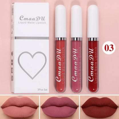Juego de 3 brillos labiales de terciopelo mate, resistentes al agua, de larga duración, líquidos, cosméticos, maquillaje que dura 24 horas.