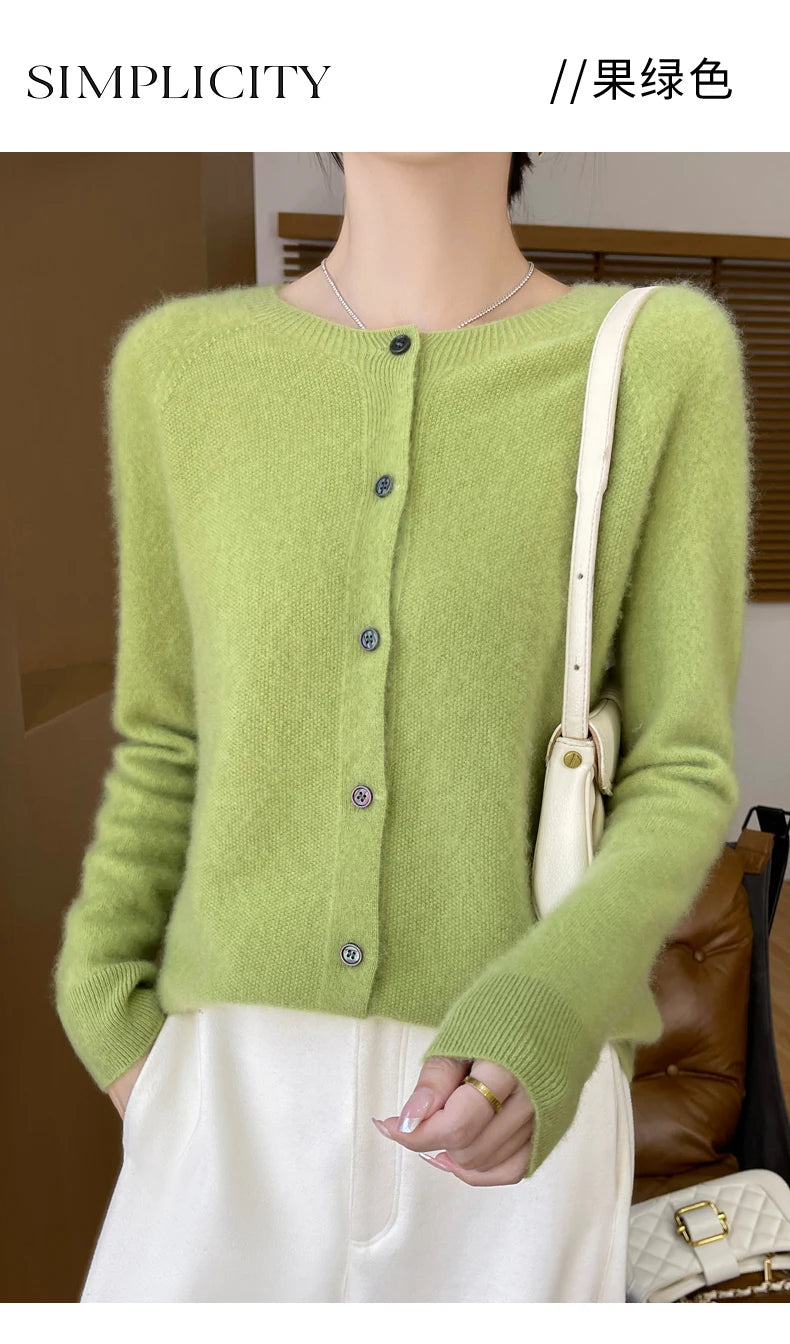 100% Merino Wool Long Sleeve Sweaters Cashmere Cardigan Spring Autumn Women O-Neck Knitwear Tops Clothing Fashion Basic Tops