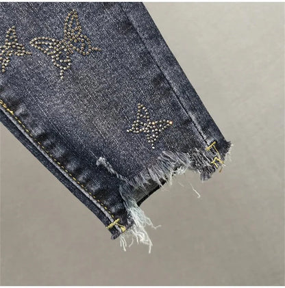 Pantalones vaqueros de cintura alta para mujer, versión coreana, elásticos, con diamantes de imitación, primavera y verano de 2024