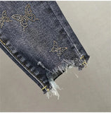 Spring Summer 2024 New Fashion Women's Denim Pants Korean Version Elastic Rhinestone High Waist Skinny Jeans