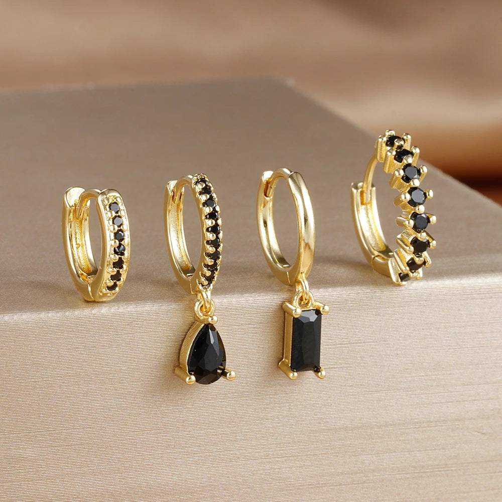 4PCS Colorful Cubic Zirconia Stainless Steel Hoop Earrings Set for Women Pendant Water Drop Earring Cartilage Piercing Jewelry