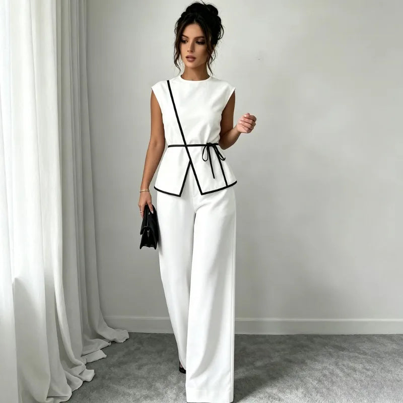 Women's Summer Tie-waist Wide-leg Pants Set Sleeveless Wrap Blazer Top Loose Straight-leg Pants Two-piece Set Comfortable Outfit