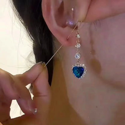 Blue Heart Shaped Zircon Long Tassel Gold Color Ear Wire for Women Elegant Exquisite Temperament Ladies Wedding Party Jewelry