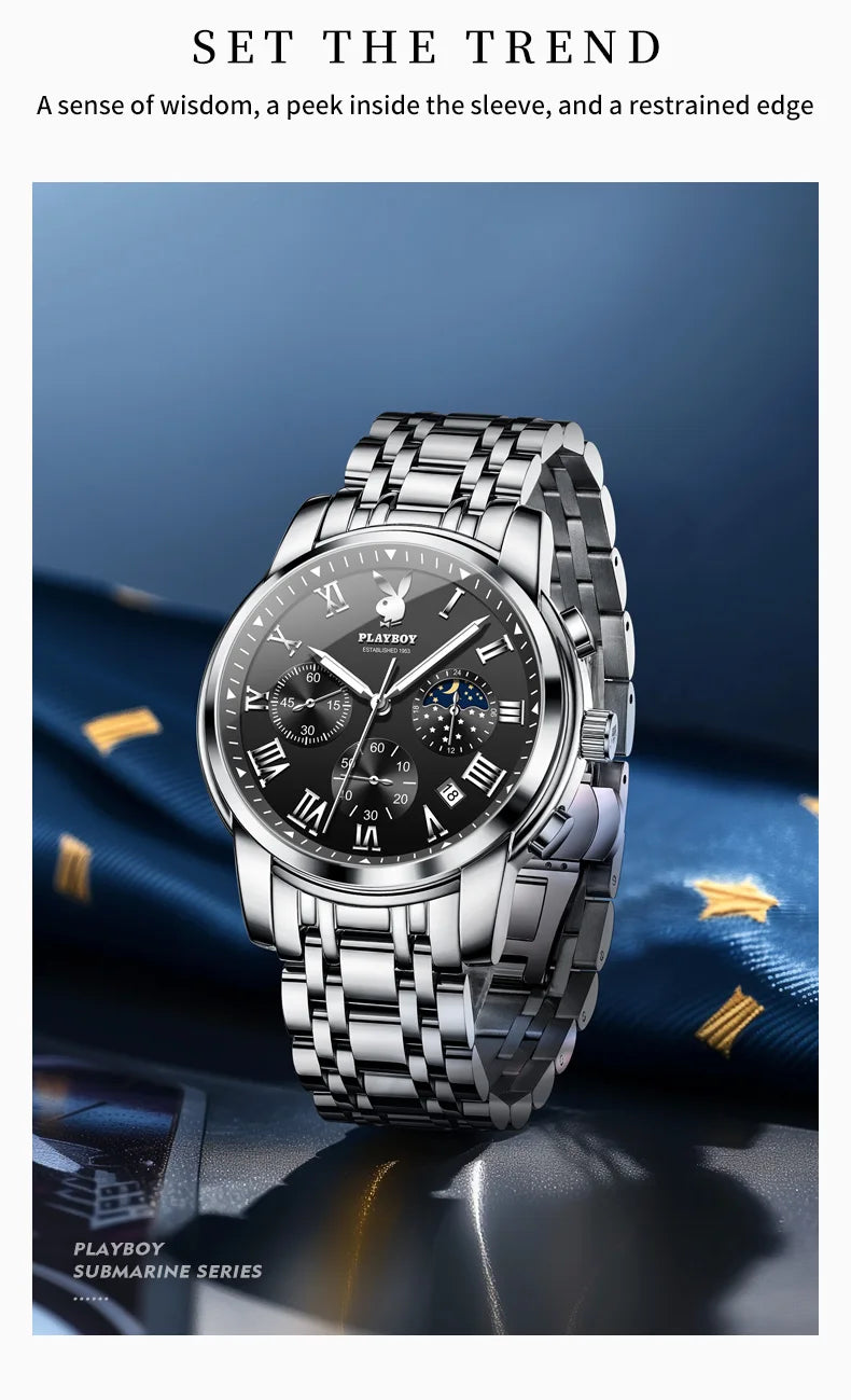 PLAYBOY Best Selling Fashion Luxury Quartz Watch for Men Original Stainless Steel Multifunction Waterproof Men's Wrist Watches