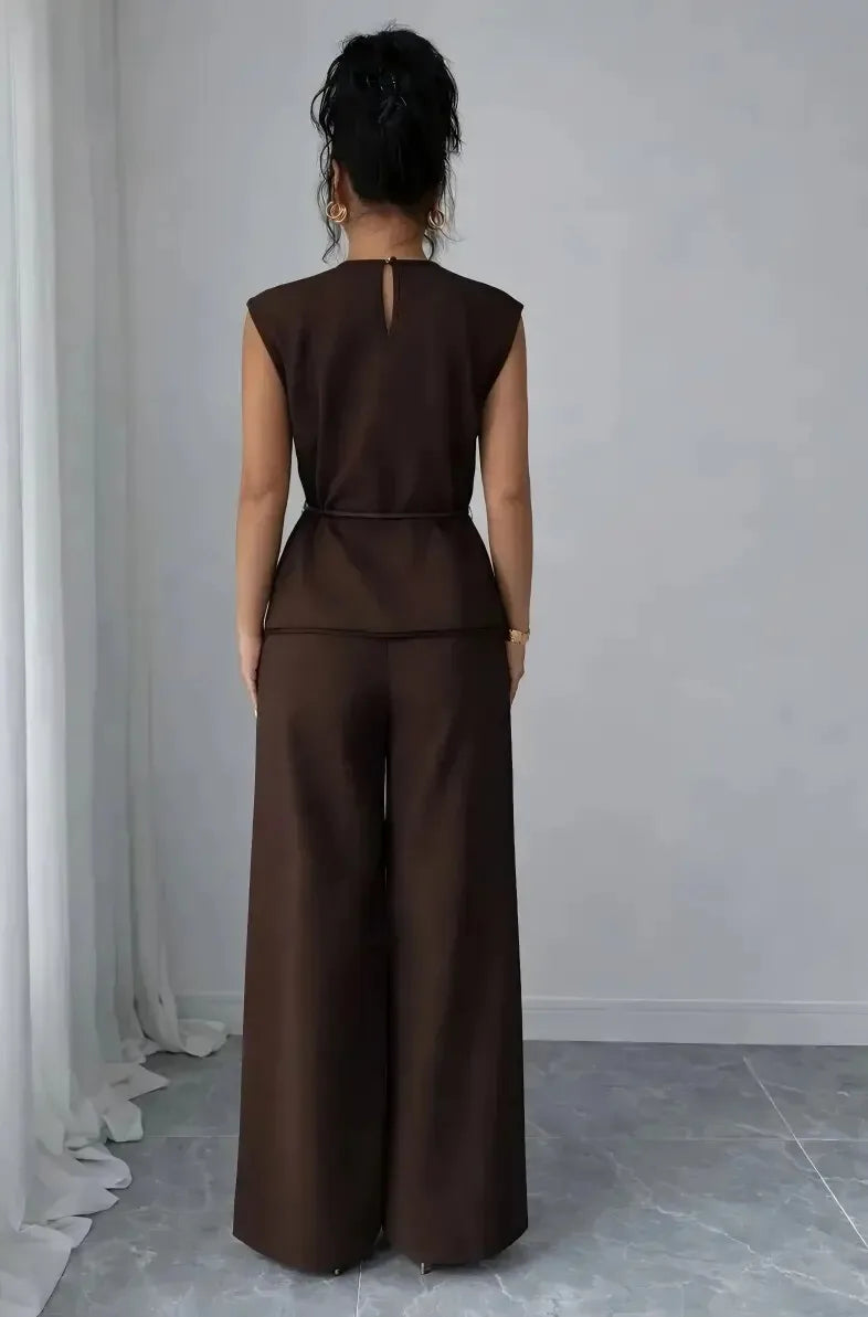 Women's Summer Tie-waist Wide-leg Pants Set Sleeveless Wrap Blazer Top Loose Straight-leg Pants Two-piece Set Comfortable Outfit