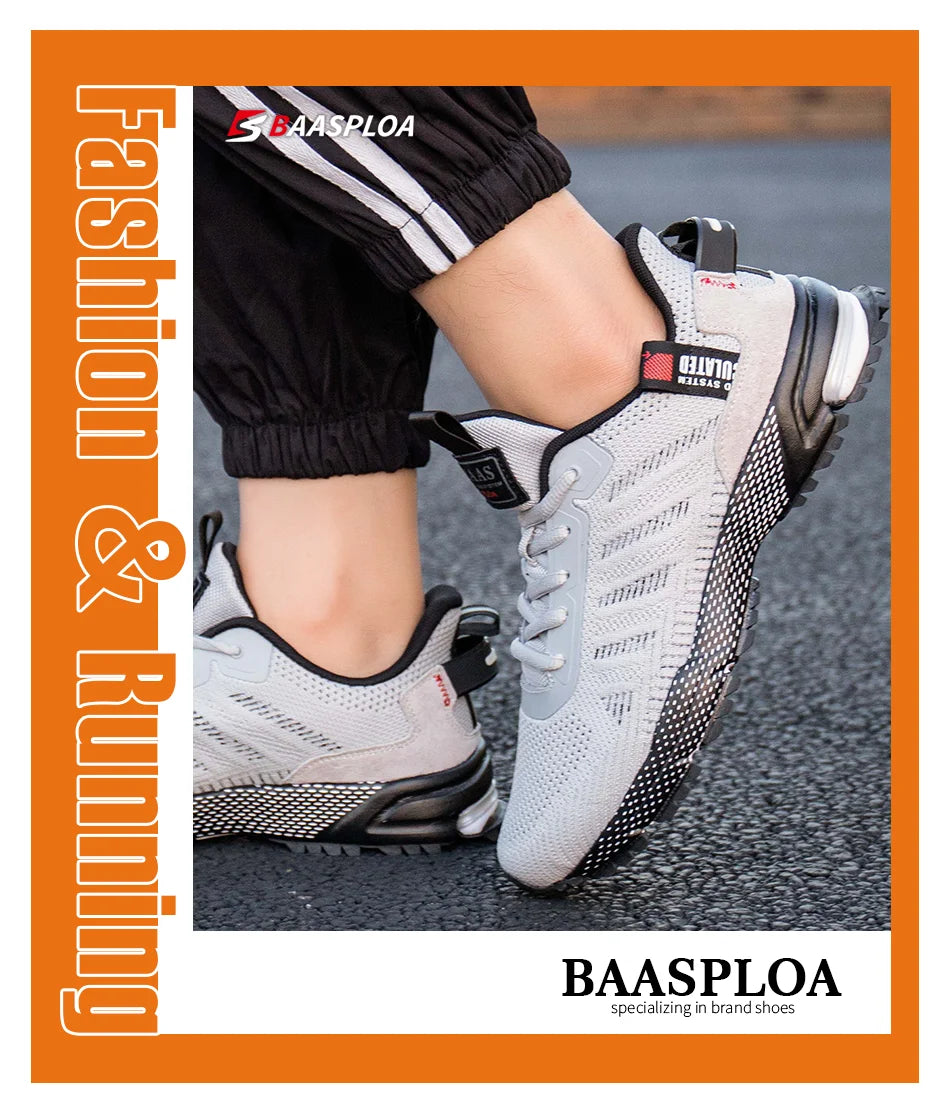 Baasploa Men Running Shoes Mesh Breathable Sport Shoes For Men Fashion Lightweight Casual Sneakers Non-Slip Lace Up Plus Size 50