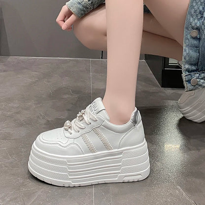 8cm Leather Flats Casual Dad Shoes Chunky Sneakers 2025 Women Platform Sports Shoes Ladies Skateboard Hidden Heels Shoes Tennis