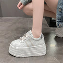 8cm Leather Flats Casual Dad Shoes Chunky Sneakers 2025 Women Platform Sports Shoes Ladies Skateboard Hidden Heels Shoes Tennis