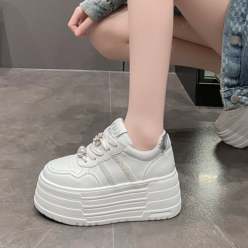 8cm Leather Flats Casual Dad Shoes Chunky Sneakers 2025 Women Platform Sports Shoes Ladies Skateboard Hidden Heels Shoes Tennis