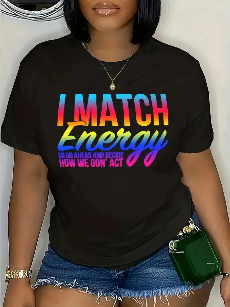 Carta camiseta estampada para mulheres, gola redonda, manga curta, roupas casuais, plus size