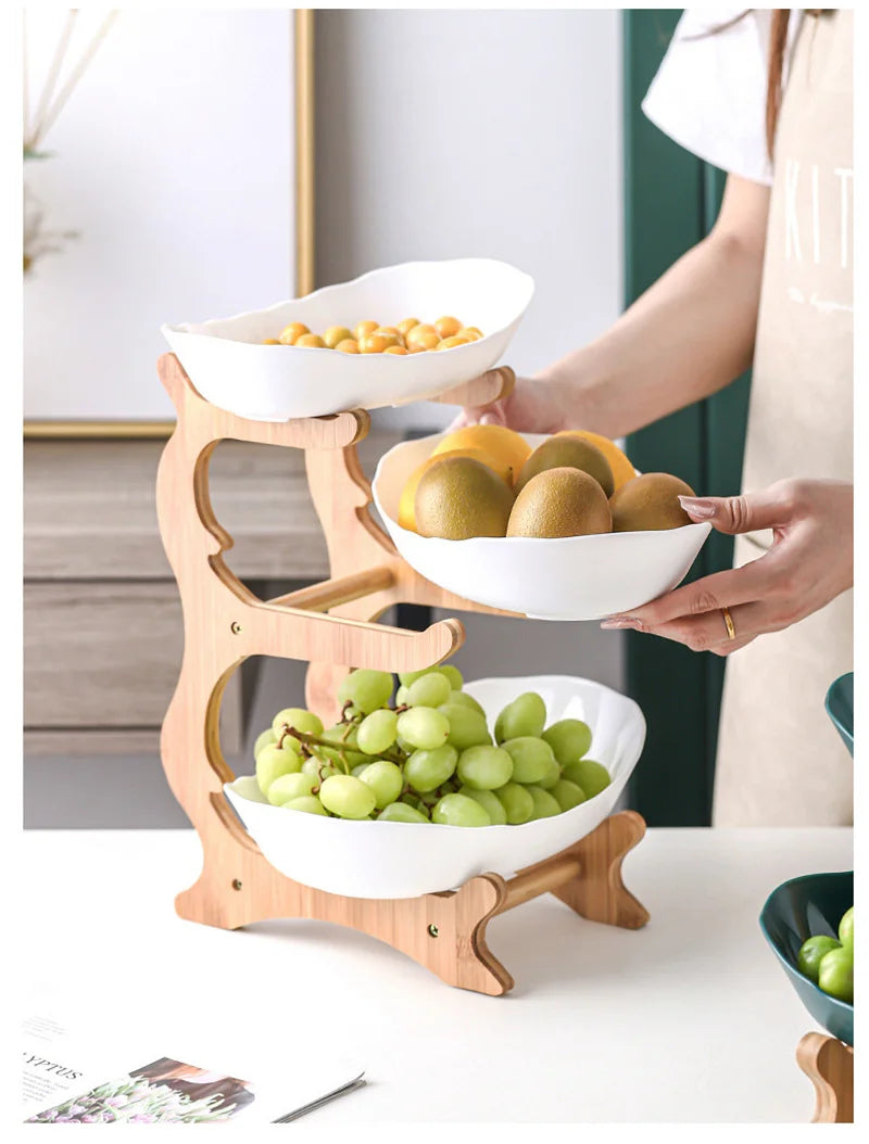 Three Layer Table Plates Dinnerware Wooden Kitchen Fruit Bowl with Floors Partitioned Dish Snack Candy Cake Stand Salad Bowl