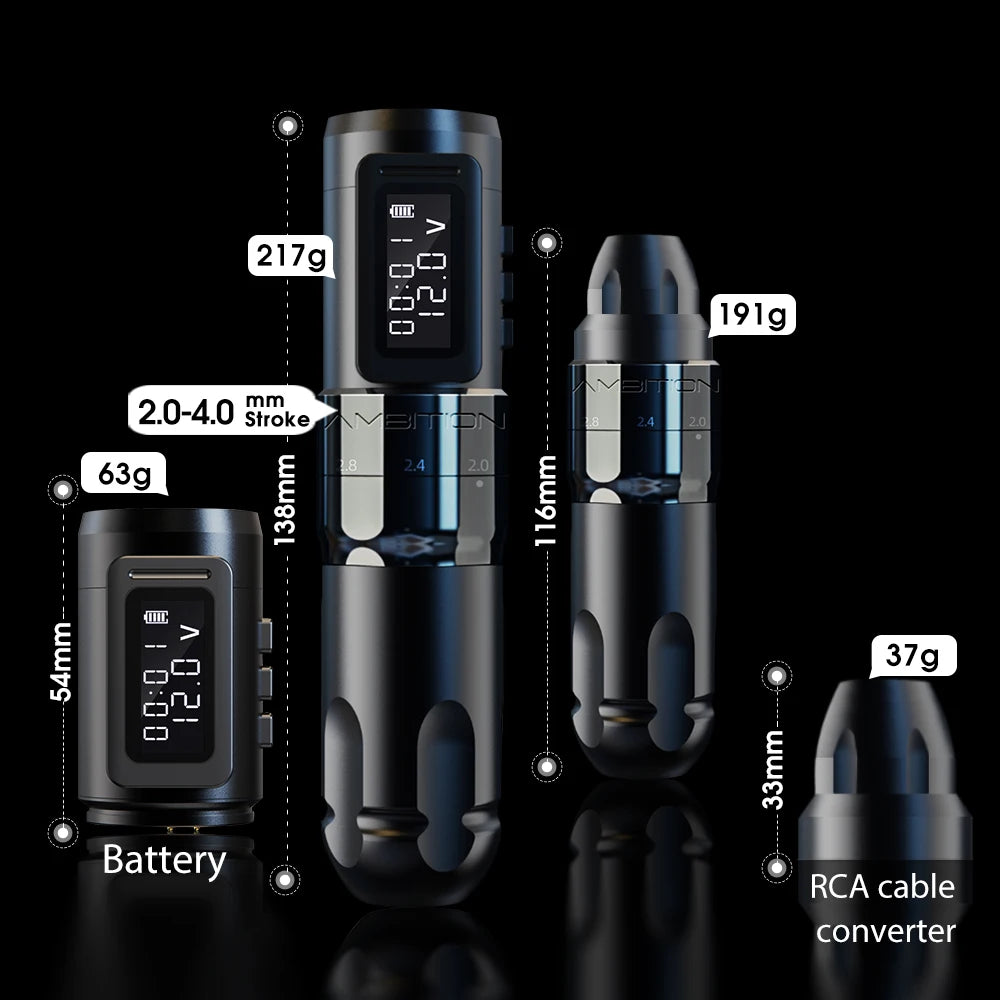 Máquina de tatuaje inalámbrica profesional Ambition MARS-U con pluma y trazo ajustable, cartucho de 2-4 mm, motor sin núcleo de 1800 mAh, para artistas del tatuaje