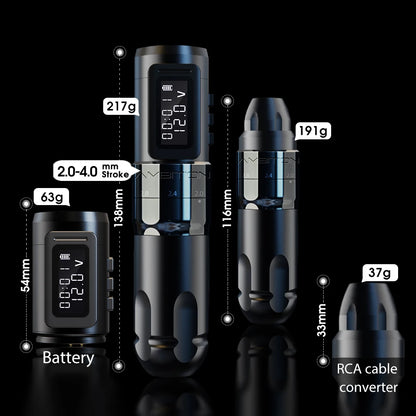 Máquina de tatuaje inalámbrica profesional Ambition MARS-U con pluma y trazo ajustable, cartucho de 2-4 mm, motor sin núcleo de 1800 mAh, para artistas del tatuaje