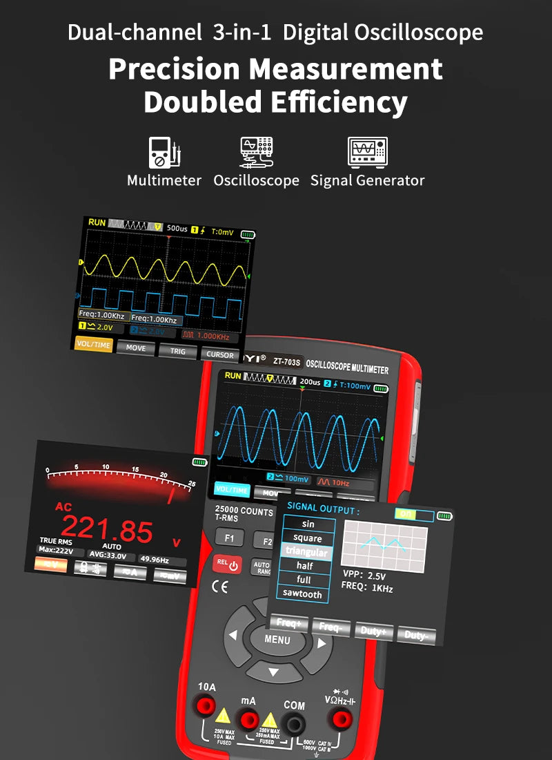ZOYI ZT-703S Two-Channel Oscilloscope, Multifunction Signal Generator, 3-in-1 High-Precision Electrician Tool