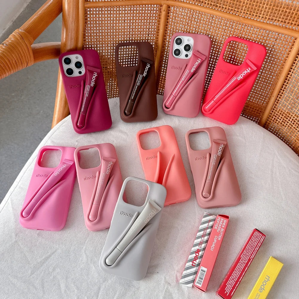 Rhode Case For iPhone 12 13 14 15 16 Pro Max Plus 17 Air Portable Lip Gloss Holder Lipstick Silicone Soft Bumper Cover Lip Glaze