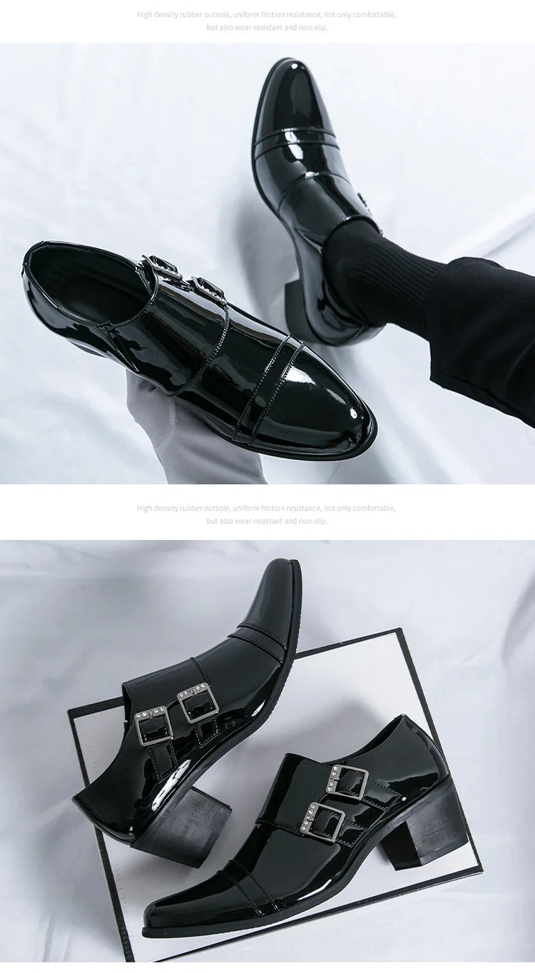 Fashion Buckle Leather Shoes For Men Big Size 46 Pointed Dress Shoes Man Quality Bussiness High Heels Shoes Man chaussure hommes