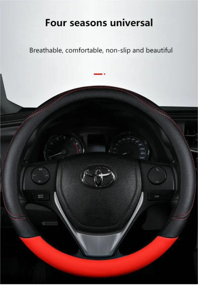PU Leather Contrast Colour Car Steering Wheel Cover  Sweat Absorbent, Wear Resistant and Non-slip, Universal in All Seasons