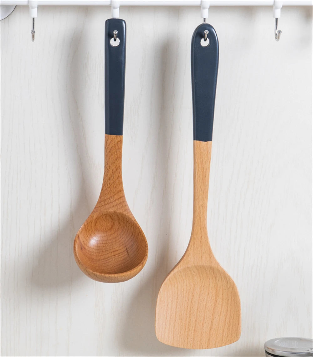 Espátula de madera con mango largo para cocinar, antiadherente, para saltear, resistente al calor, para el hogar, accesorio de cocina