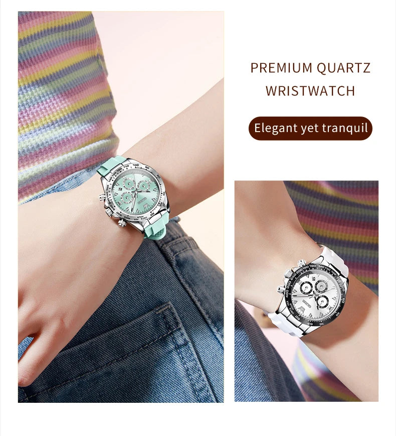 Relógio feminino de Olevs de luxo pulseira de silicone cronógrafo multifuncional calendário a prova de agua 5618