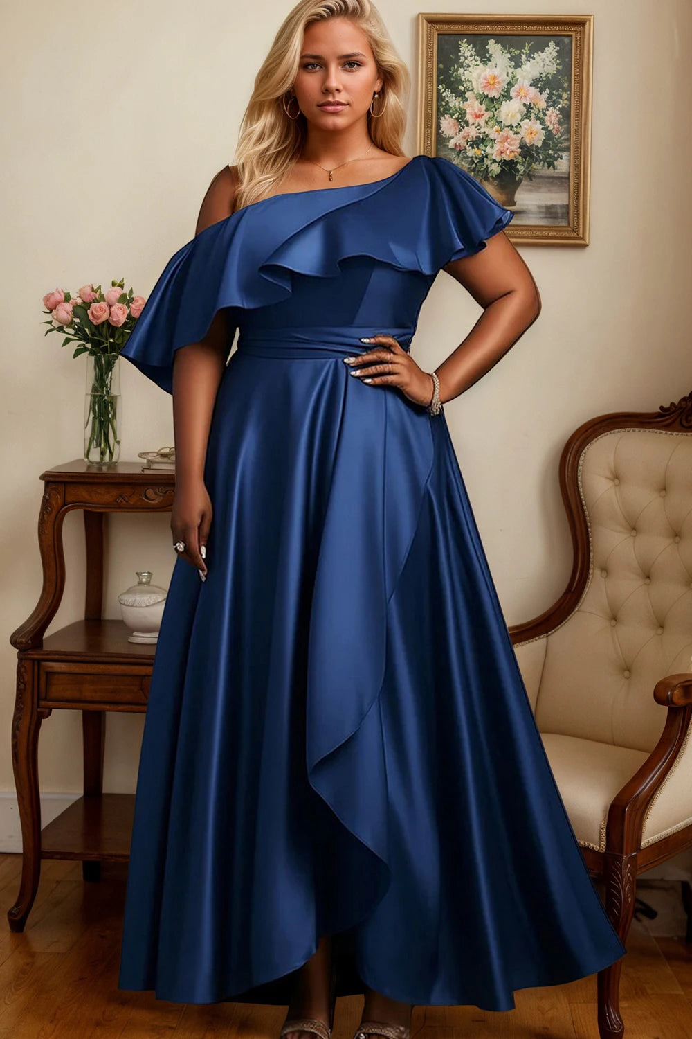Cetim elegante feminino plus size maxi vestido plissado uma manga fora do ombro bainha irregular festa noite vestidos de casamento 2025