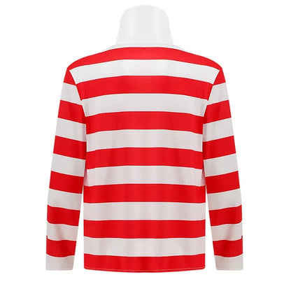 Wheres Waldo Cosplay Striped Shirt Youth Kids Wally Costume Shirt Glasses and Hat Socks Unisex Adults Christmas Cosplay Costumes