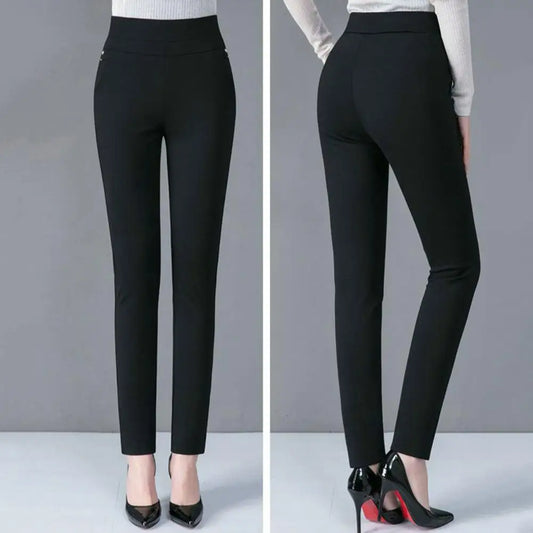 Pantalones de primavera para madre, cintura alta, informales, elásticos, con bolsillos, color liso, ajustados, de talla grande, para mujer
