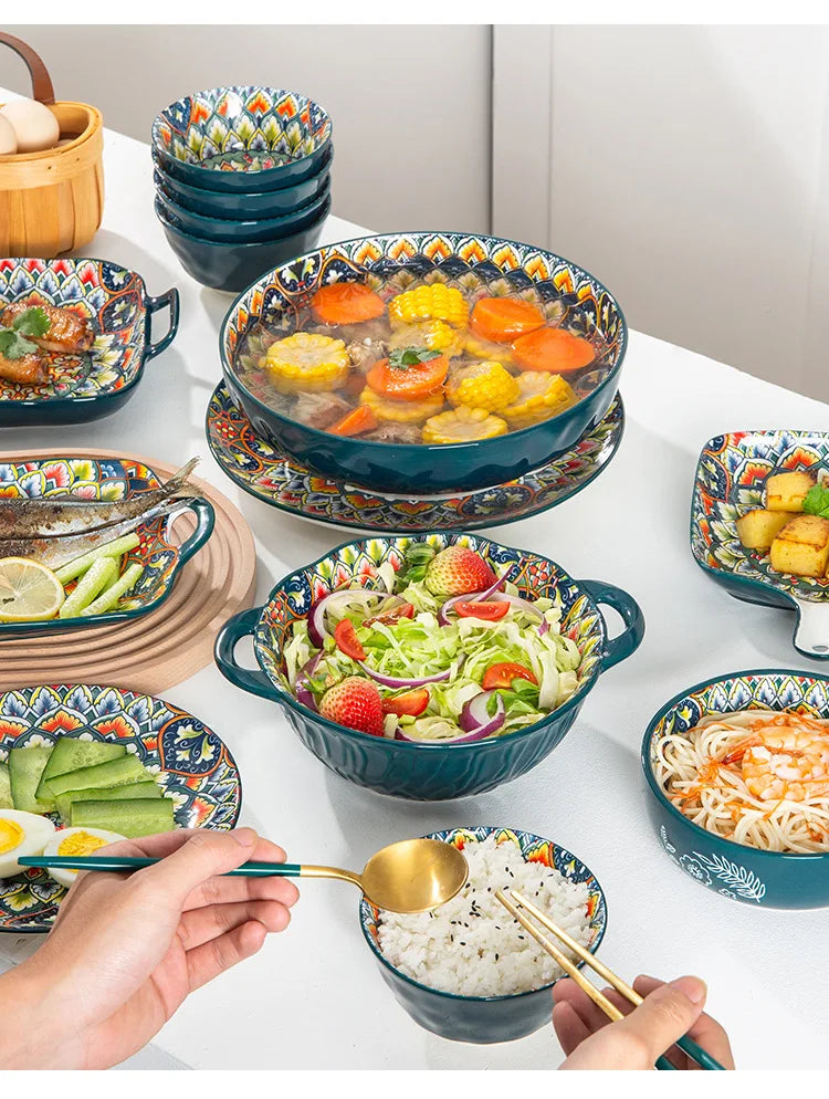 1Pcs Bohemia Retro Ceramic Dinner Plates Sets Food Plate Household Tableware Set Breakfast Plates Salad Soup Bowls Dinnerware