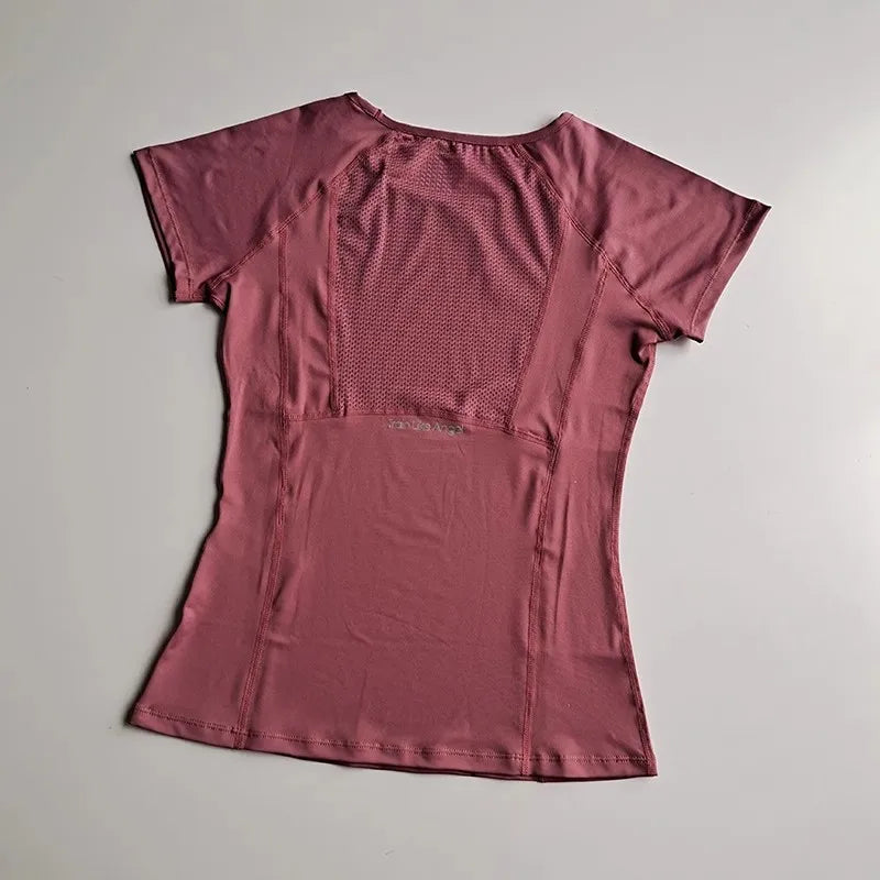 Camiseta deportiva de manga corta para mujer, cuello redondo, malla transpirable de secado rápido para yoga y fitness. 