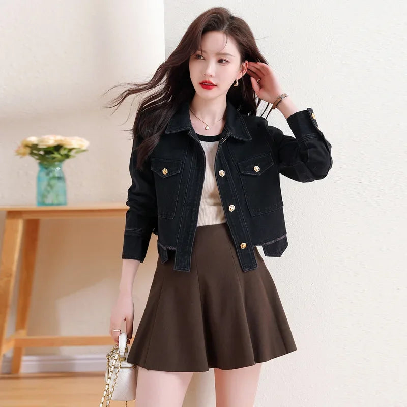 In Stock Hong Kong Style Denim Jacket For Women Korean Version Petite Denim Top Tweed Style Jacket Fashionable Streetwear