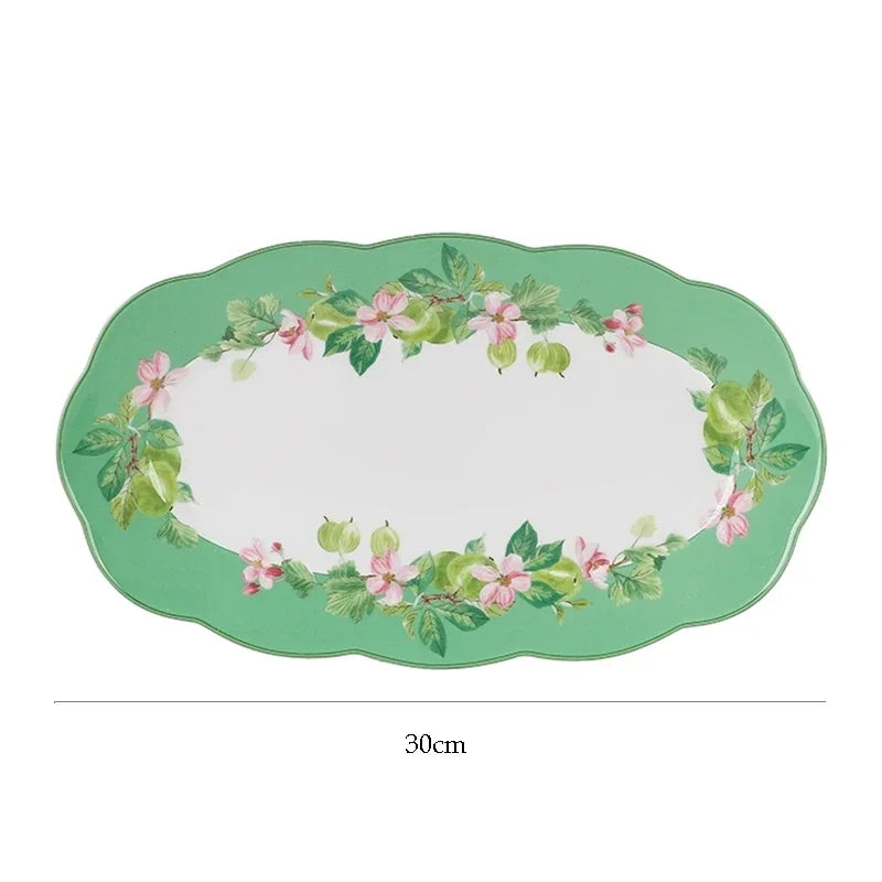 Ceramic Plate Household Bone China Dinner Plate Set Vintage Green Flower Dishes Tableware Oval Large Tray Dinnerware Sets