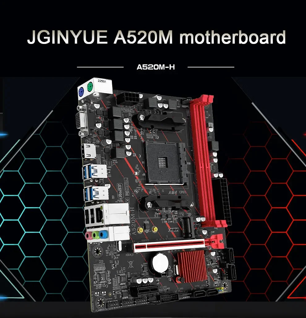 JGINYUE AM4 Motherboard supports AMD Ryzen R3 5 7 1/2/3/4/5th CPU processors DDR4 dual channel Memory RAM M-ATX A520M-H
