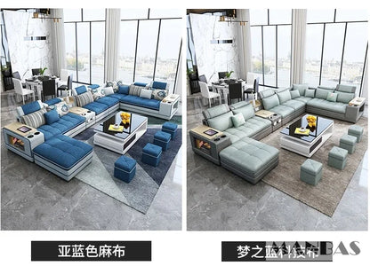MINGDIBAO Nordic Fabric Sofa Set with Bluetooth Speaker & USB - Modern Living Room Modular Sofas Big U Shape Corner Cloth Couch