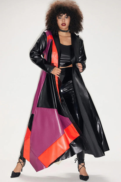 Faux Leather Jacket for Women Plus Size Trench Coat Black Contrast PU Leather Long Windbreaker Trench Coat Winter Outdoor Coat