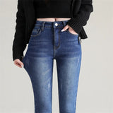 Women's Thermal Jeans Winter Snow Warm Plush Stretch Jeans Lady Skinny Thick Fleece Denim Long Pants Retro Blue Pencil Trousers