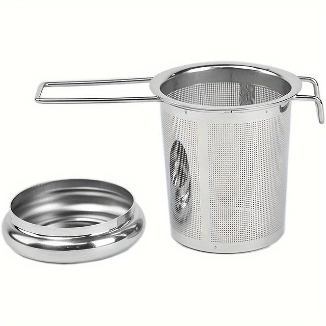 Colador de té de acero inoxidable de primera calidad con asa plegable extensible, colador de té suelto con tapa, antiescaldaduras, filtro de té multifuncional, 1 pieza 