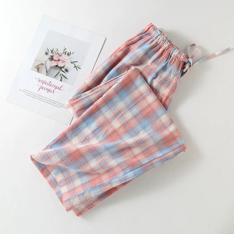 Plus Size Japanese Minimalist Checked Women Pajamas Trousers Women Soft Home Pants Loose Casual Pants Elastic Waist Home Pants