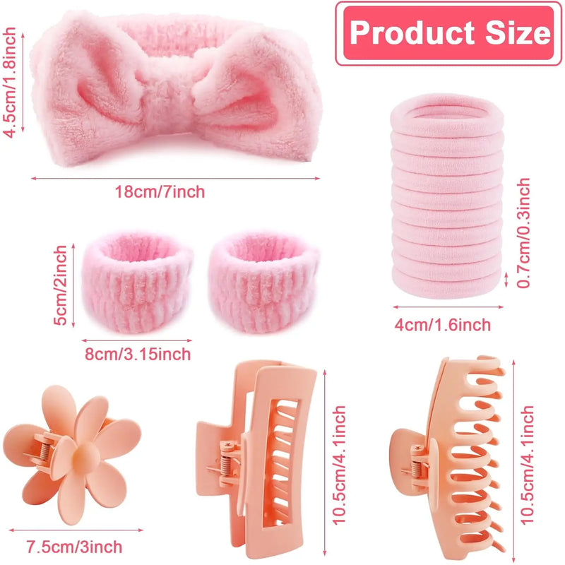 16 Pcs Face Wash Headband Wristband Hair Clips Ponytail Holders Set Soft Spa Bowknot Headband Hair Claw Clips Elastics Hair Tie