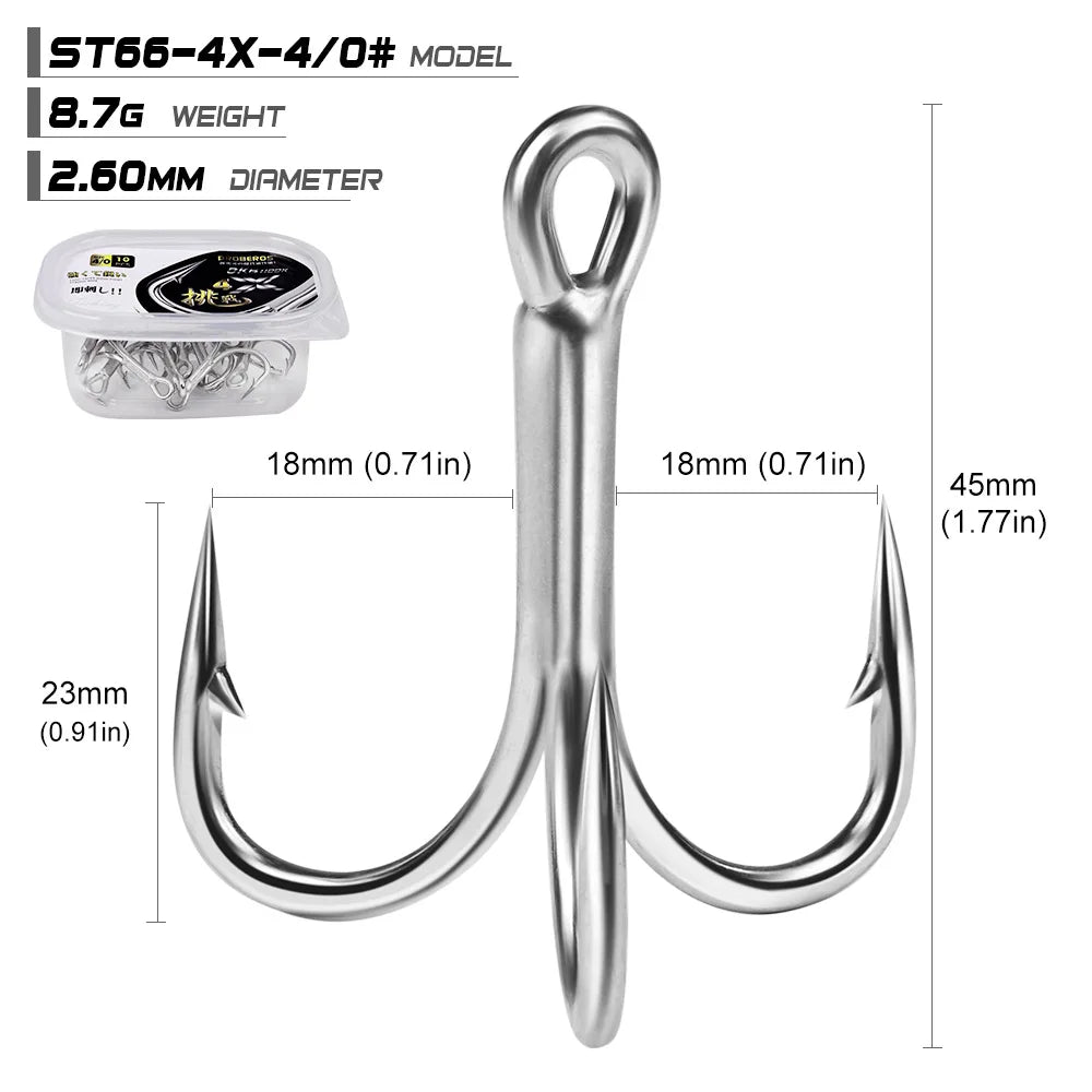 10pcs 4X 5/0# 4/0# 3/0# 1/0#-1# 2# 4# Super Strength Hooks Reinforced anchor Fishing Hook High-Carbon Steel Tin Treble Hook