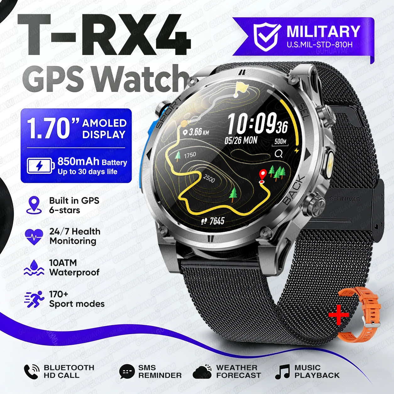 Novo Smartwatch Masculino T-RX4 Ultra GPS 2026 – Posicionamento GPS de 6 satélites, resistência à água 10ATM, bateria de 850mAh, bússola e mais de 170 modos esportivos.