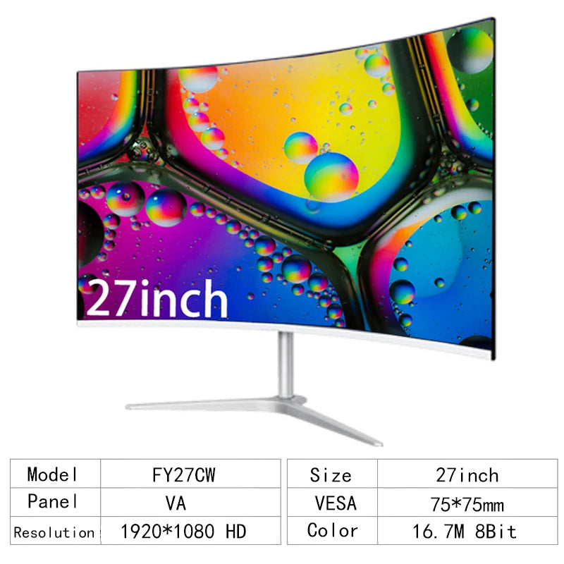 27 Inch Curved Monitor 75Hz 2ms Desktop PC LCD FHD Computer Display Gaming IPS Panel Screen LED 1080P Desktop Display