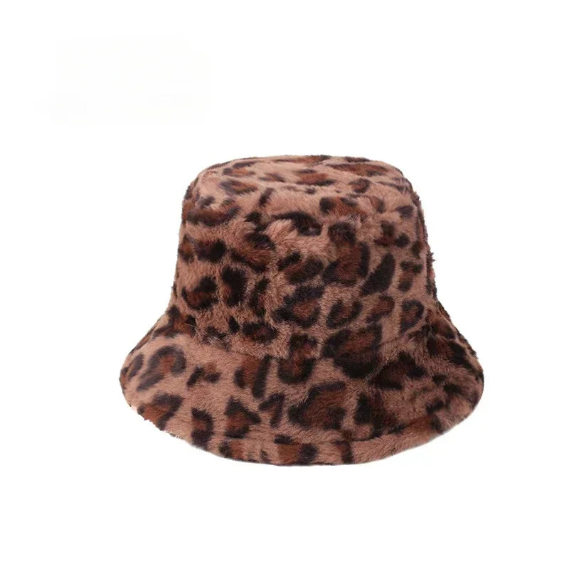 Winter Rabbit Plush Fisherman Hats for Women Girl Bucket Hat Windproof Leopard Soft Faux Fur Wide Brim Lady Women Artist Cap