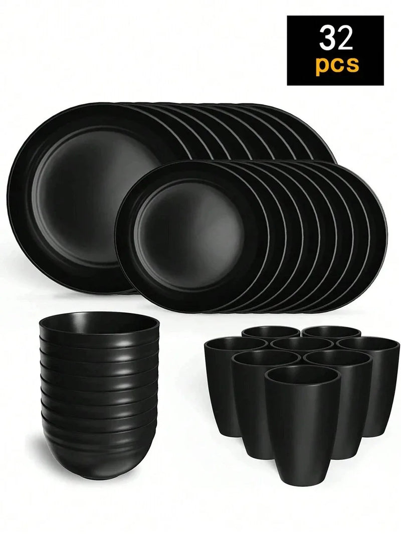 4/16/24pcs Reusable plastic tableware set, including plates, bowls and cups. Suitable for family picnics and school supplies