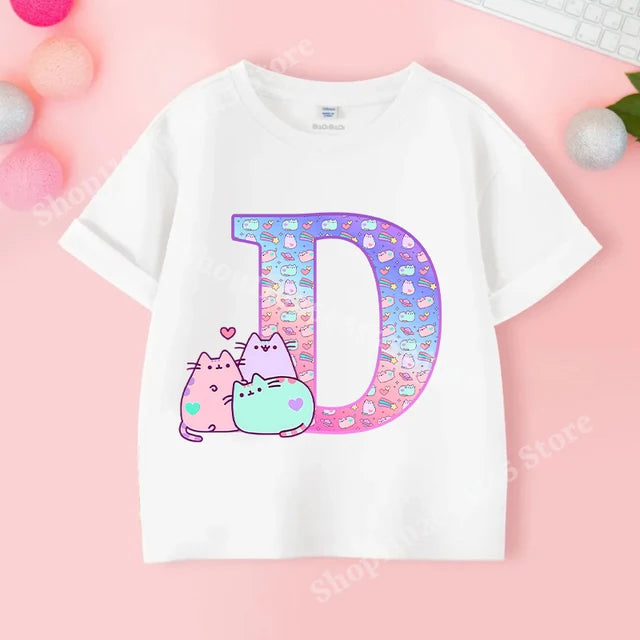Pusheens-manga curta t-shirt para as meninas de a a z, anime gato, roupas de verão, esporte ao ar livre, novo, presente para as crianças, venda especial