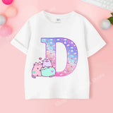 Pusheens Short Sleeve T-shirt for Girls from A to Z, Anime Cat, Summer Clothes, Outdoor Sport, New, Gift for Kids, Special Sale 