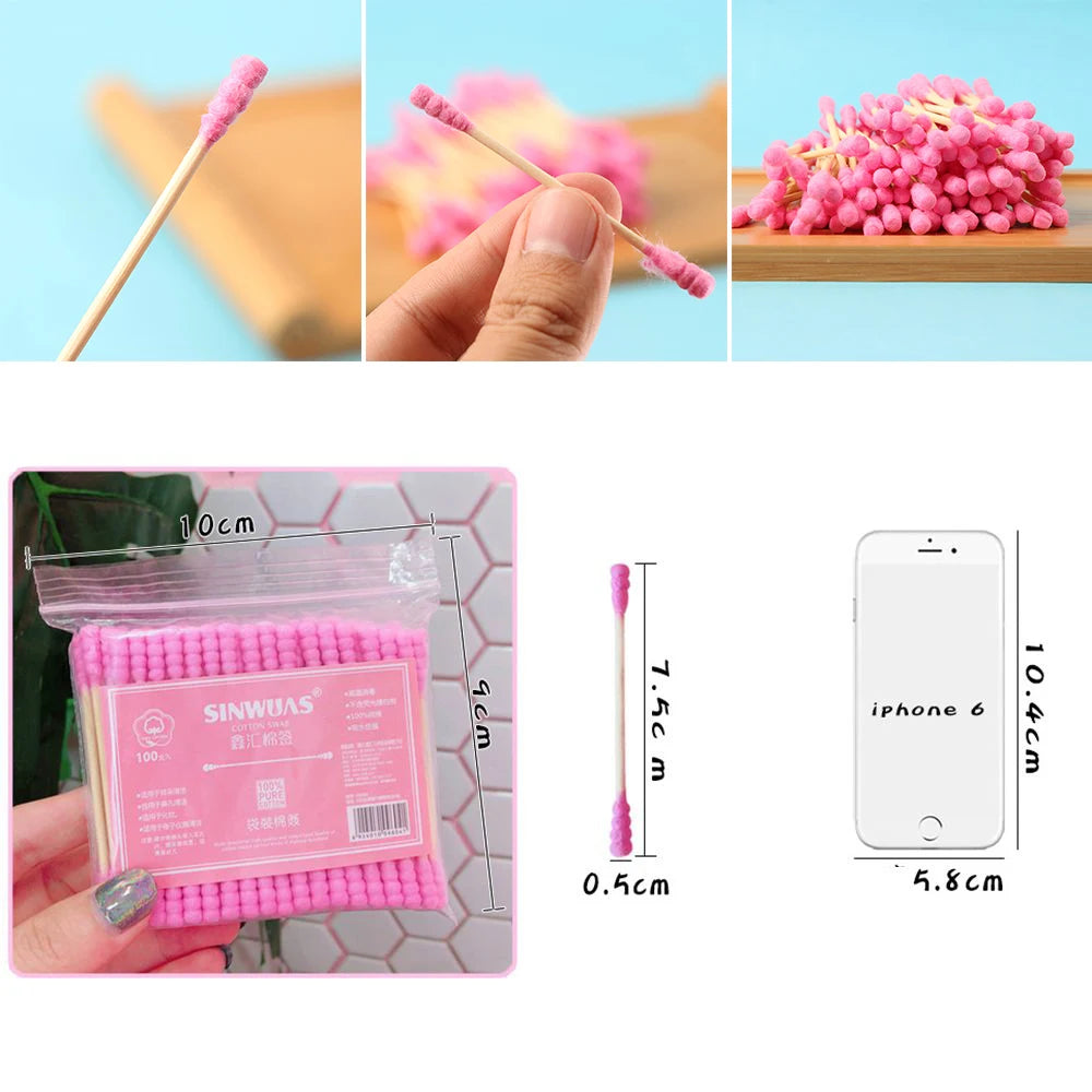 100PCS Disposable Cotton Swab Cute Pink Double Head Cotton Stick Makeup Remover Bat for Beauty Cosmetics Ear Cleaning Swabs
