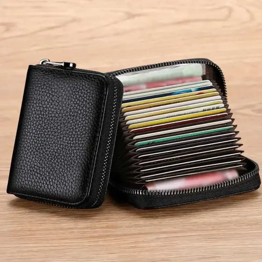 Tarjetero con múltiples ranuras, cartera pequeña vintage para mujer y hombre, cartera para tarjetas de crédito, monedero de cuero sólido con cremallera