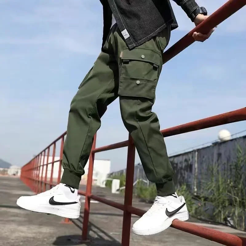 Classic Streetwear Casual Men Ribbons Harem Jogging Pants Male Slim Fit Spring Cargo Pants Multi-Pockets Women Trousers k32