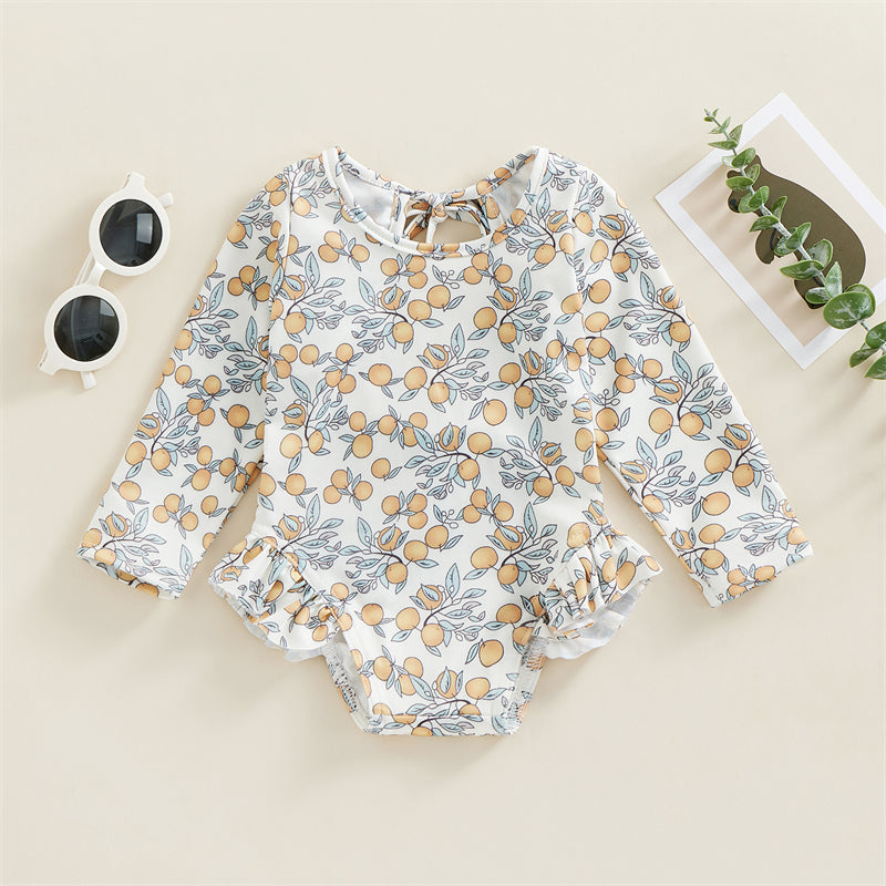 Traje de baño de verano para niñas pequeñas, estampado floral, sin espalda, con volantes, manga larga, ropa de playa para niñas de 0 a 4 años