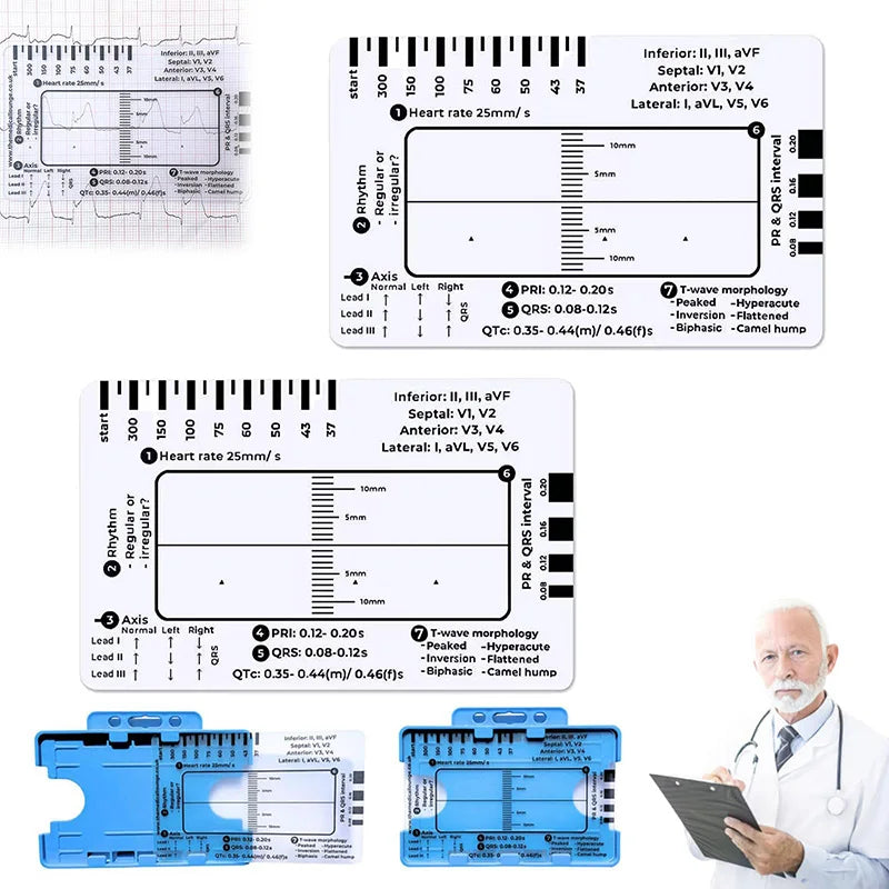 ECG 7 Step Ruler, Ruler Card for ECG/EKG Interpretation, Portable Pocket ECG EKG Reference Guide with Sheath, Emergency tool