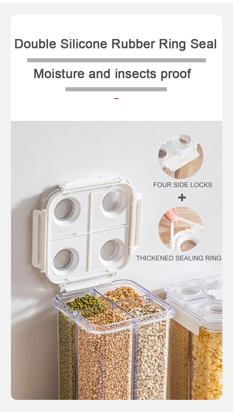 Dispensador de cereales de 3 l, contenedor sellado de cuatro compartimentos, resistente a la humedad, apilable, para refrigerios, café y granos, organizador de cocina.